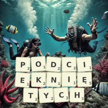 Kreatywna ilustracja do gry w Scrabble ze słowem PODCIEKNIĘTYCH ułożonym z płytek na planszy.
