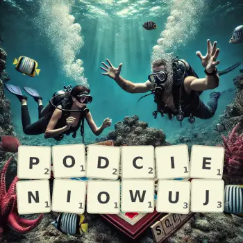 Kreatywna ilustracja do gry w Scrabble ze słowem PODCIENIOWUJ ułożonym z płytek na planszy.