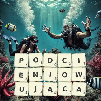 Kreatywna ilustracja do gry w Scrabble ze słowem PODCIENIOWUJĄCA ułożonym z płytek na planszy.