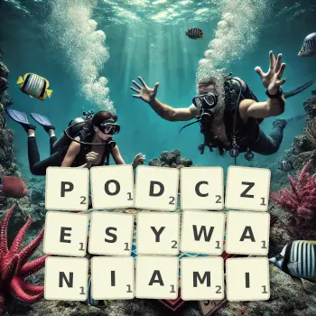 Kreatywna ilustracja do gry w Scrabble ze słowem PODCZESYWANIAMI ułożonym z płytek na planszy.