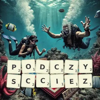 Kreatywna ilustracja do gry w Scrabble ze słowem PODCZYSCCIEZ ułożonym z płytek na planszy.