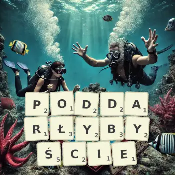Kreatywna ilustracja do gry w Scrabble ze słowem PODDARŁYBYŚCIE ułożonym z płytek na planszy.