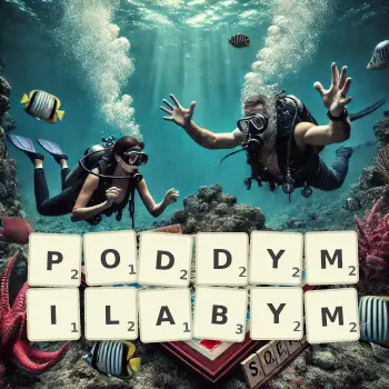 Kreatywna ilustracja do gry w Scrabble ze słowem PODDYMILABYM ułożonym z płytek na planszy.