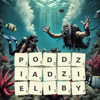 Kreatywna ilustracja do gry w Scrabble ze słowem PODDZIADZIELIBY ułożonym z płytek na planszy.