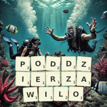 Kreatywna ilustracja do gry w Scrabble ze słowem PODDZIERZAWILO ułożonym z płytek na planszy.