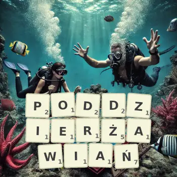 Kreatywna ilustracja do gry w Scrabble ze słowem PODDZIERŻAWIAŃ ułożonym z płytek na planszy.