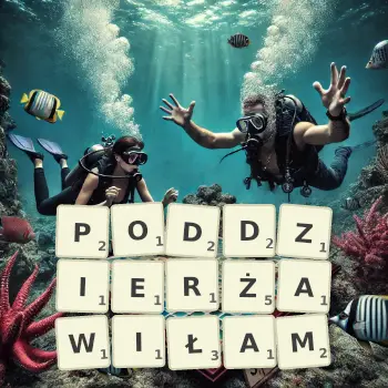 Kreatywna ilustracja do gry w Scrabble ze słowem PODDZIERŻAWIŁAM ułożonym z płytek na planszy.