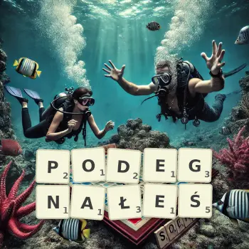 Kreatywna ilustracja do gry w Scrabble ze słowem PODEGNAŁEŚ ułożonym z płytek na planszy.
