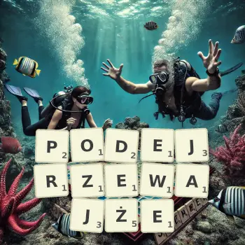 Kreatywna ilustracja do gry w Scrabble ze słowem PODEJRZEWAJŻE ułożonym z płytek na planszy.