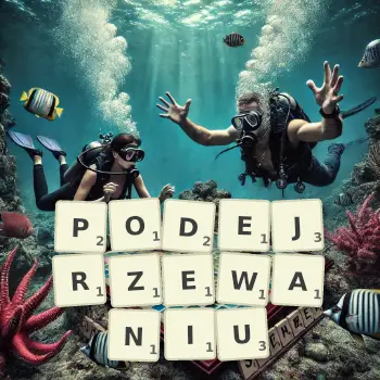 Kreatywna ilustracja do gry w Scrabble ze słowem PODEJRZEWANIU ułożonym z płytek na planszy.