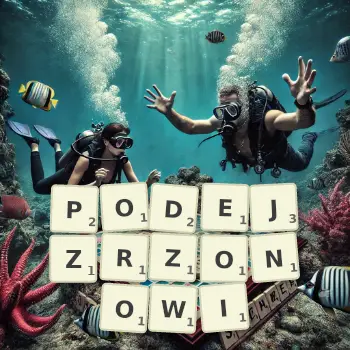 Kreatywna ilustracja do gry w Scrabble ze słowem PODEJZRZONOWI ułożonym z płytek na planszy.
