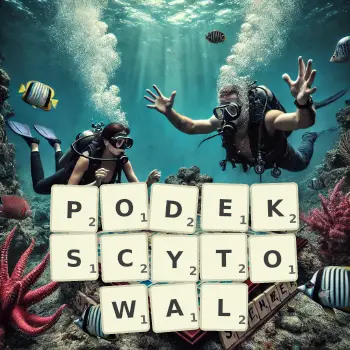 Kreatywna ilustracja do gry w Scrabble ze słowem PODEKSCYTOWAL ułożonym z płytek na planszy.