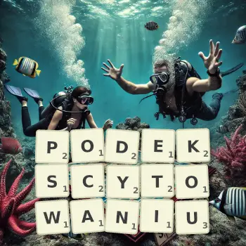 Kreatywna ilustracja do gry w Scrabble ze słowem PODEKSCYTOWANIU ułożonym z płytek na planszy.