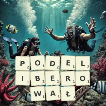 Kreatywna ilustracja do gry w Scrabble ze słowem PODELIBEROWAŁ ułożonym z płytek na planszy.