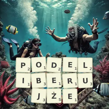 Kreatywna ilustracja do gry w Scrabble ze słowem PODELIBERUJŻE ułożonym z płytek na planszy.