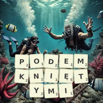 Kreatywna ilustracja do gry w Scrabble ze słowem PODEMKNIĘTYMI ułożonym z płytek na planszy.