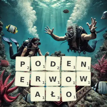 Kreatywna ilustracja do gry w Scrabble ze słowem PODENERWOWAŁO ułożonym z płytek na planszy.