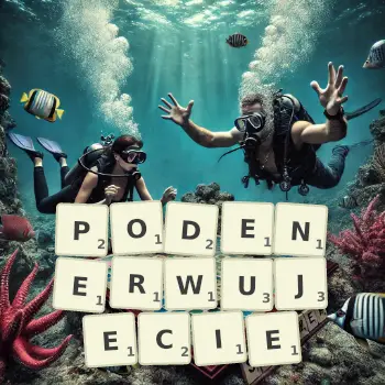 Kreatywna ilustracja do gry w Scrabble ze słowem PODENERWUJECIE ułożonym z płytek na planszy.