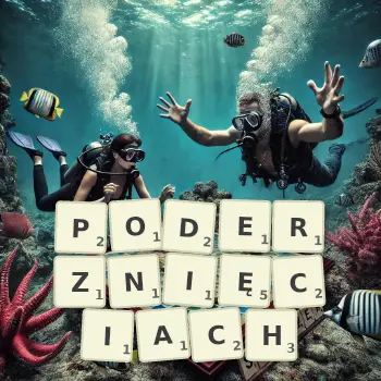 Kreatywna ilustracja do gry w Scrabble ze słowem PODERZNIĘCIACH ułożonym z płytek na planszy.