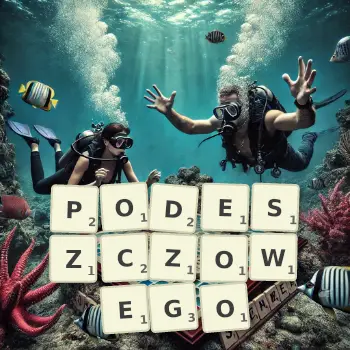 Kreatywna ilustracja do gry w Scrabble ze słowem PODESZCZOWEGO ułożonym z płytek na planszy.