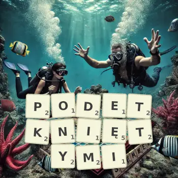 Kreatywna ilustracja do gry w Scrabble ze słowem PODETKNIĘTYMI ułożonym z płytek na planszy.
