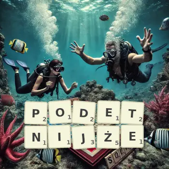 Kreatywna ilustracja do gry w Scrabble ze słowem PODETNIJŻE ułożonym z płytek na planszy.