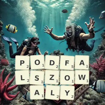 Kreatywna ilustracja do gry w Scrabble ze słowem PODFALSZOWALY ułożonym z płytek na planszy.