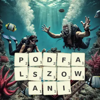 Kreatywna ilustracja do gry w Scrabble ze słowem PODFALSZOWANI ułożonym z płytek na planszy.