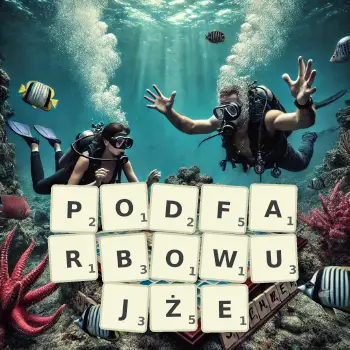 Kreatywna ilustracja do gry w Scrabble ze słowem PODFARBOWUJŻE ułożonym z płytek na planszy.