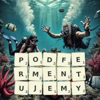Kreatywna ilustracja do gry w Scrabble ze słowem PODFERMENTUJEMY ułożonym z płytek na planszy.