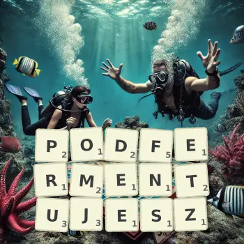 Kreatywna ilustracja do gry w Scrabble ze słowem PODFERMENTUJESZ ułożonym z płytek na planszy.