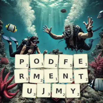 Kreatywna ilustracja do gry w Scrabble ze słowem PODFERMENTUJMY ułożonym z płytek na planszy.