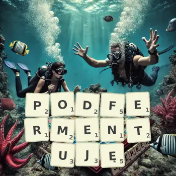 Kreatywna ilustracja do gry w Scrabble ze słowem PODFERMENTUJĘ ułożonym z płytek na planszy.