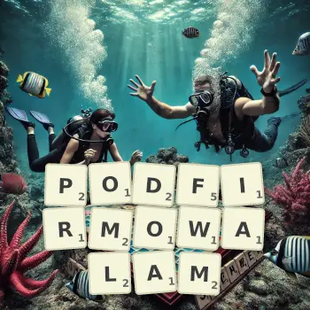 Kreatywna ilustracja do gry w Scrabble ze słowem PODFIRMOWALAM ułożonym z płytek na planszy.