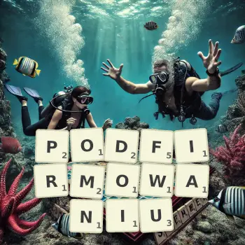 Kreatywna ilustracja do gry w Scrabble ze słowem PODFIRMOWANIU ułożonym z płytek na planszy.