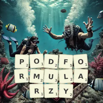 Kreatywna ilustracja do gry w Scrabble ze słowem PODFORMULARZY ułożonym z płytek na planszy.