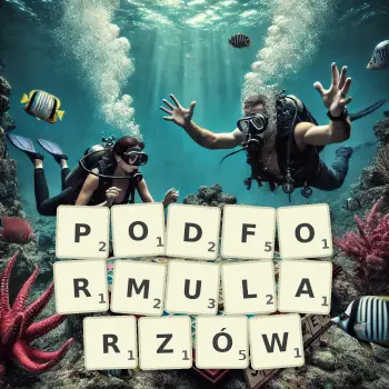 Kreatywna ilustracja do gry w Scrabble ze słowem PODFORMULARZÓW ułożonym z płytek na planszy.