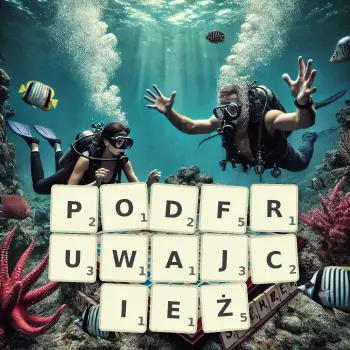Kreatywna ilustracja do gry w Scrabble ze słowem PODFRUWAJCIEŻ ułożonym z płytek na planszy.