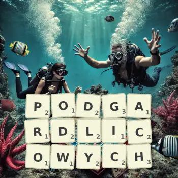 Kreatywna ilustracja do gry w Scrabble ze słowem PODGARDLICOWYCH ułożonym z płytek na planszy.