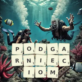 Kreatywna ilustracja do gry w Scrabble ze słowem PODGARNIECIOM ułożonym z płytek na planszy.