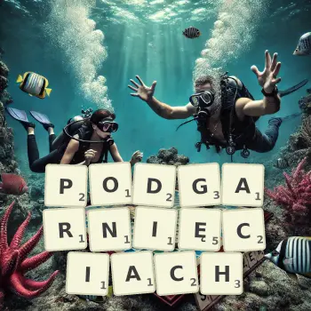 Kreatywna ilustracja do gry w Scrabble ze słowem PODGARNIĘCIACH ułożonym z płytek na planszy.