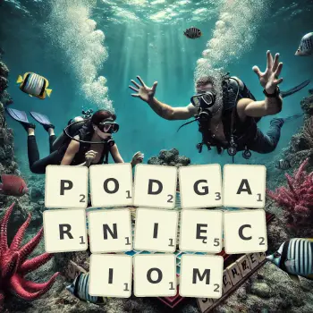 Kreatywna ilustracja do gry w Scrabble ze słowem PODGARNIĘCIOM ułożonym z płytek na planszy.