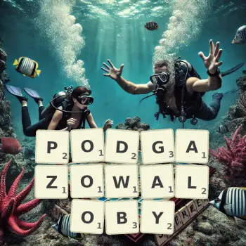 Kreatywna ilustracja do gry w Scrabble ze słowem PODGAZOWALOBY ułożonym z płytek na planszy.