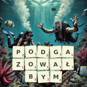 Kreatywna ilustracja do gry w Scrabble ze słowem PODGAZOWAŁBYM ułożonym z płytek na planszy.