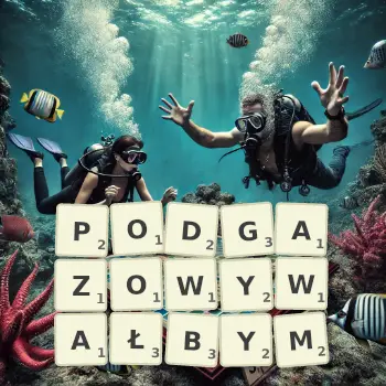 Kreatywna ilustracja do gry w Scrabble ze słowem PODGAZOWYWAŁBYM ułożonym z płytek na planszy.