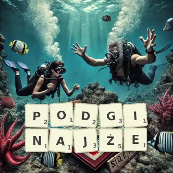 Kreatywna ilustracja do gry w Scrabble ze słowem PODGINAJŻE ułożonym z płytek na planszy.