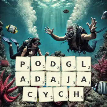 Kreatywna ilustracja do gry w Scrabble ze słowem PODGLADAJACYCH ułożonym z płytek na planszy.