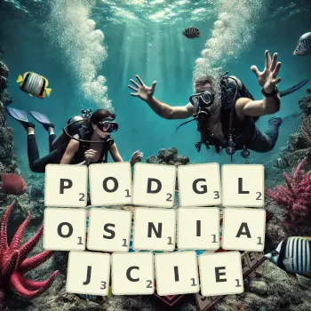 Kreatywna ilustracja do gry w Scrabble ze słowem PODGLOSNIAJCIE ułożonym z płytek na planszy.
