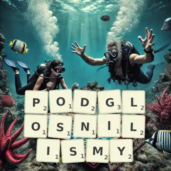 Kreatywna ilustracja do gry w Scrabble ze słowem PODGLOSNILISMY ułożonym z płytek na planszy.