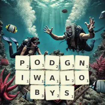Kreatywna ilustracja do gry w Scrabble ze słowem PODGNIWALOBYS ułożonym z płytek na planszy.